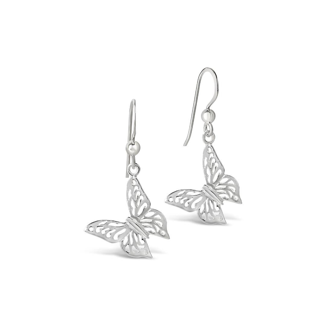silver butterfly earrings on a white background