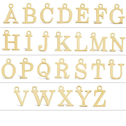 grid of gold initial charms on a white background