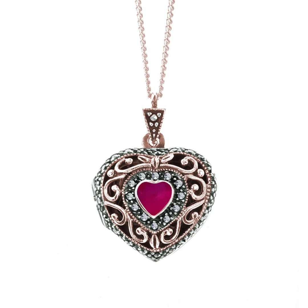real ruby vintage heart locket on a rose gold chain