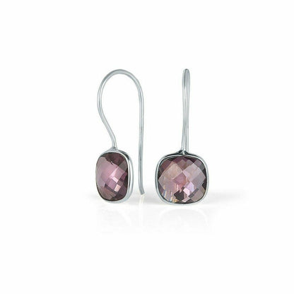 purple amethyst earrings in silver on a white background