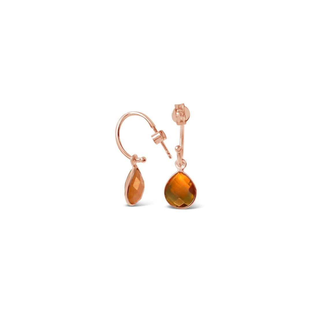 citrine drop hoop earrings in rose gold on a white background