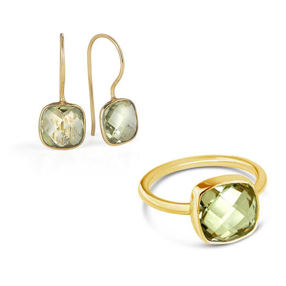 green amethyst cocktail ring in gold with green amethyst earrings