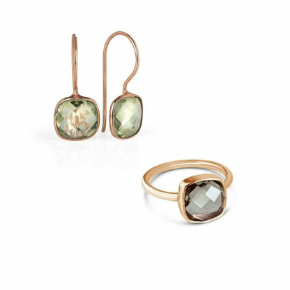 green amethyst earrings and cocktail ring in rose gold on a white background