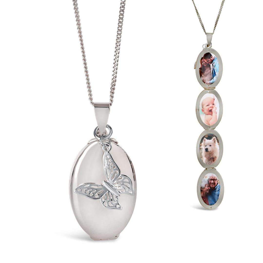 Lily Blanche silver oval shaped locket with butterfly charm and four photos
