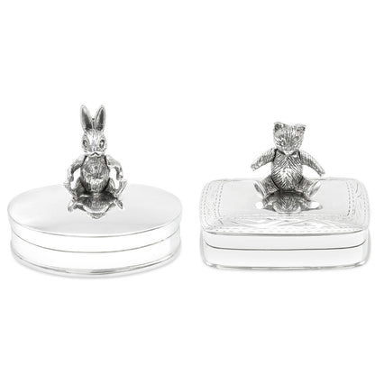 Pair of sterling silver keepsake boxes with jointed silver teddy and rabbit decorations on top
