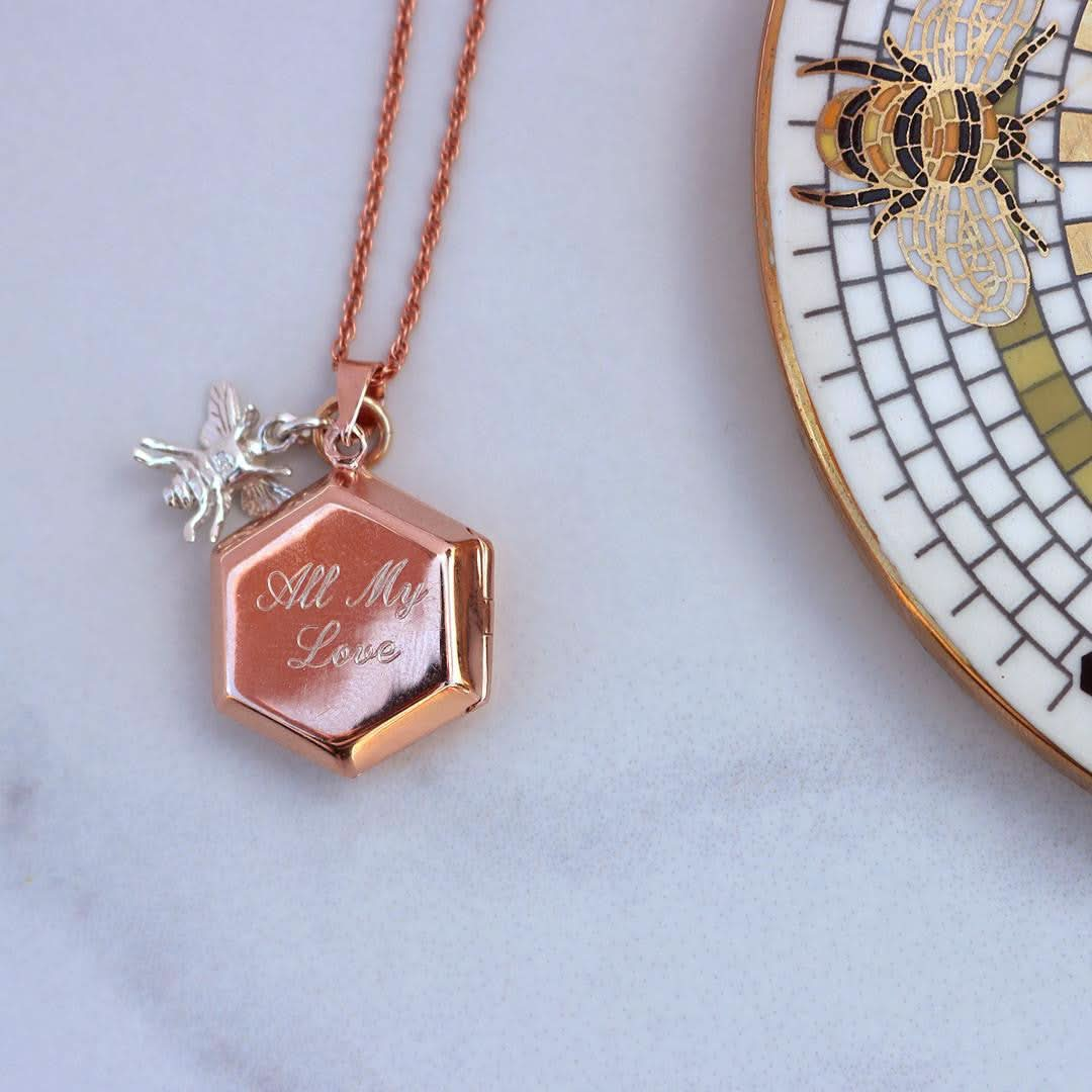 engraved bee locket in rose gold with silver bee charm