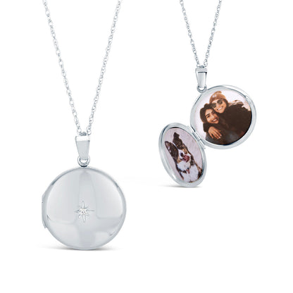white gold round diamond locket with view of the inside and outside of locket