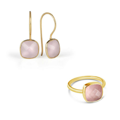 rose quartz cocktail ring in gold with matching earrings on a white background