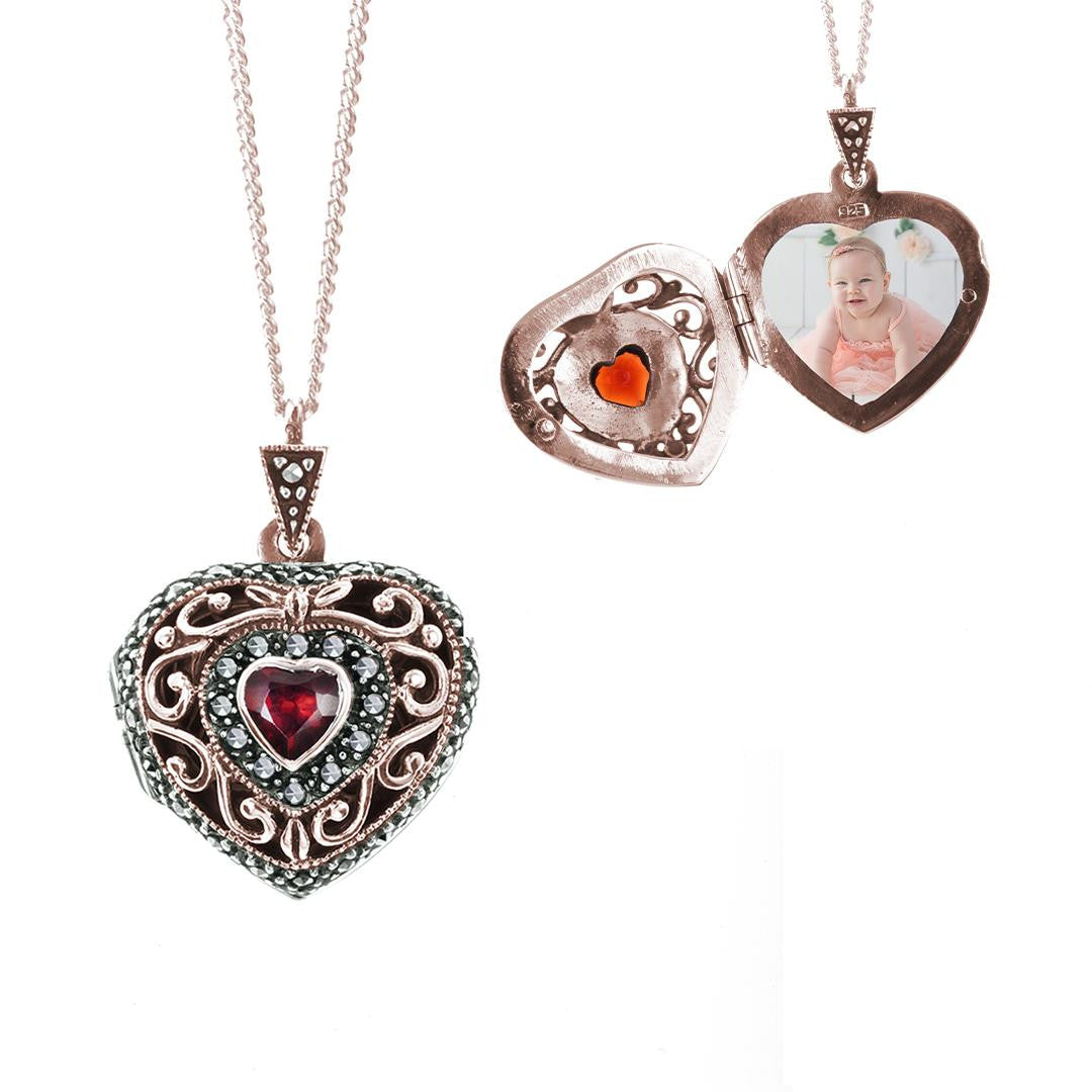 Lily Blanche rose gold vintage heart locket with garnet gemstone