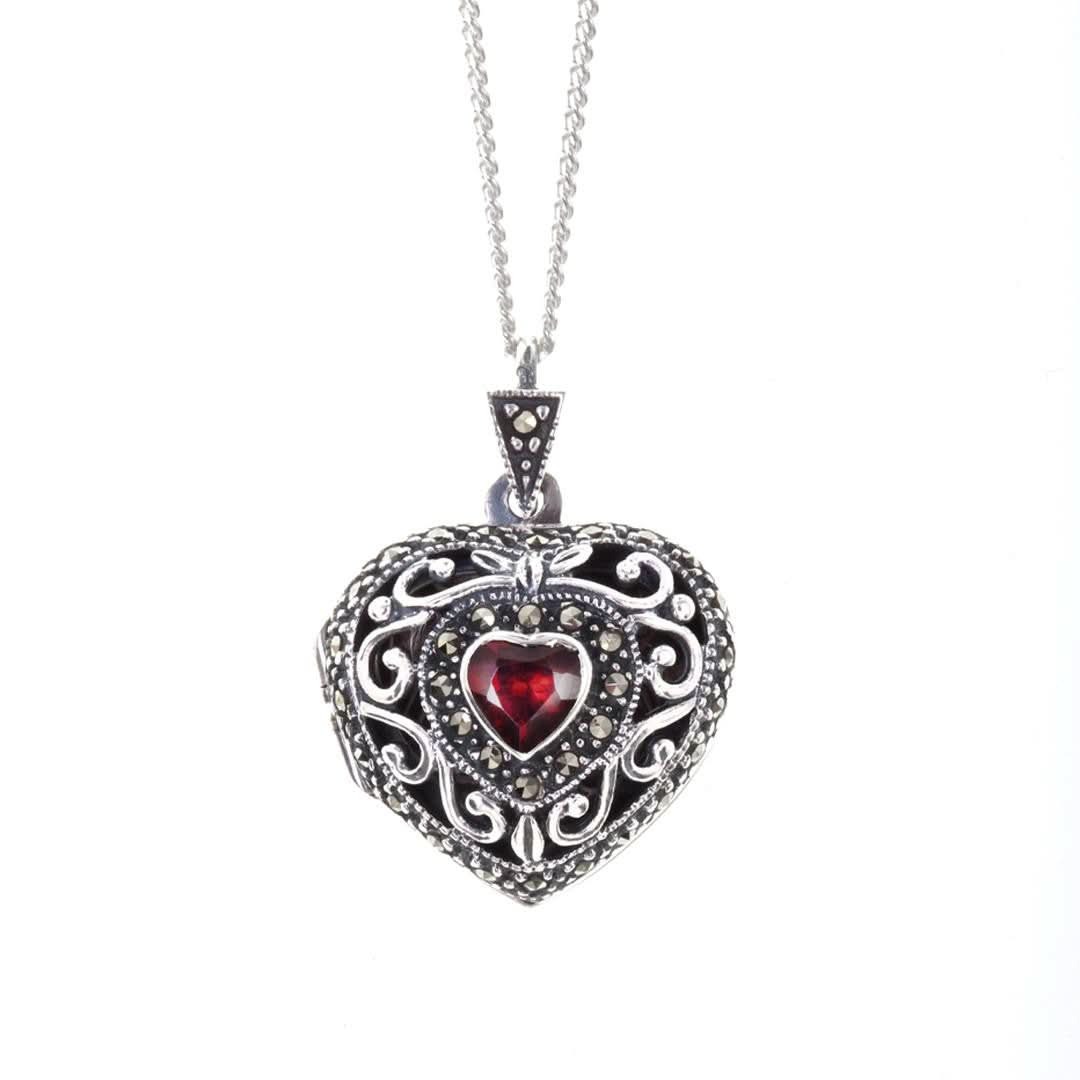 Lily Blanche white gold vintage heart locket with garnet gemstone