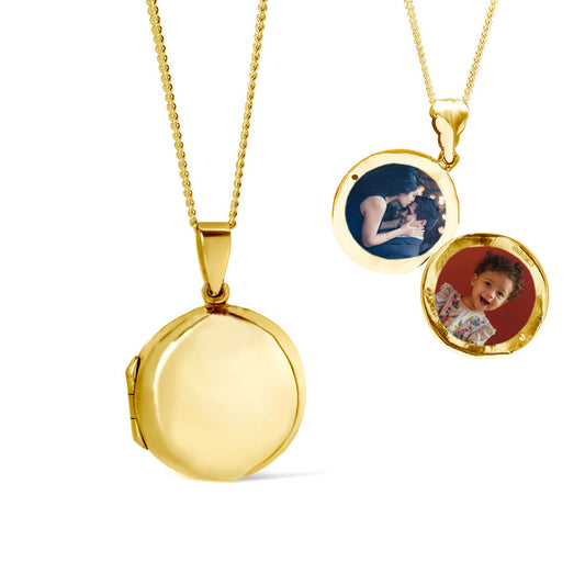 men's round locket necklace in gold with photos inside on a white background