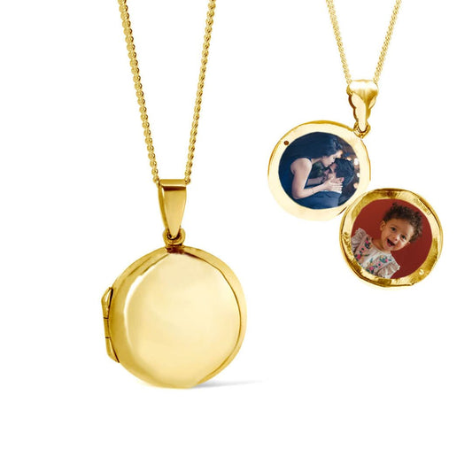 men's round locket necklace in gold with photos inside on a white background