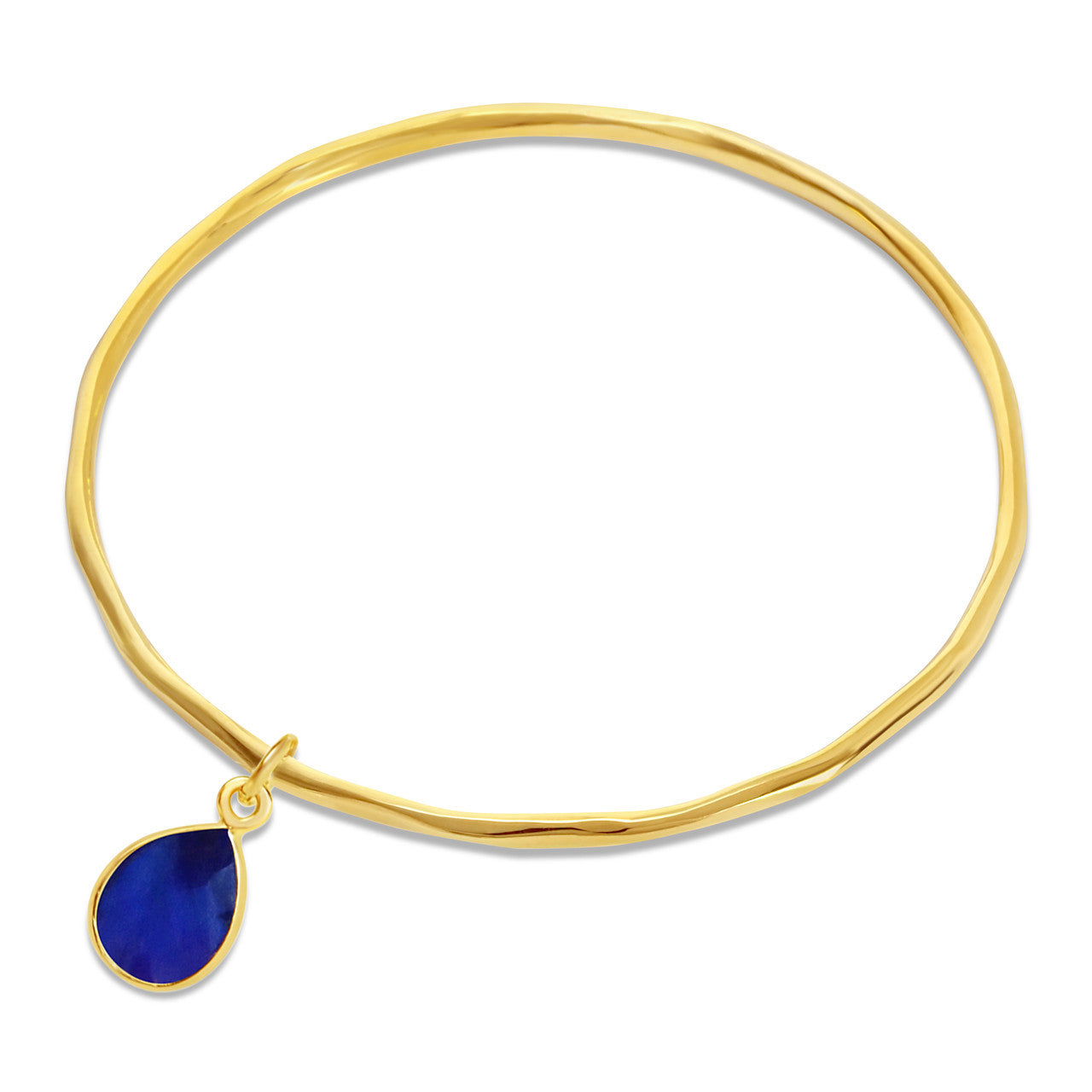 sapphire charm bangle in gold on a white background
