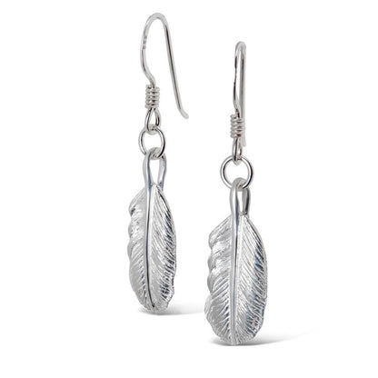 silver feather earrings in silver on a white background