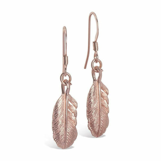 feather earrings in rose gold on a white background