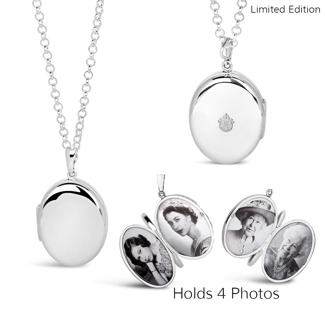Queen Elizabeth four photo locket in silver on a white background