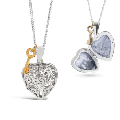 key locket in white gold with opened and closed view and gold key charm attached