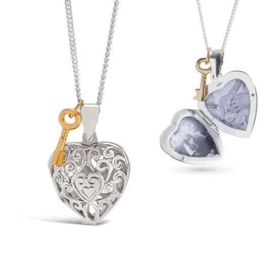 key locket in white gold with opened and closed view and gold key charm attached