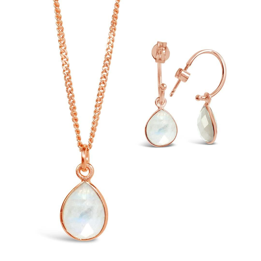 White Quartz Drop Hoop Earrings | Rose Gold - April