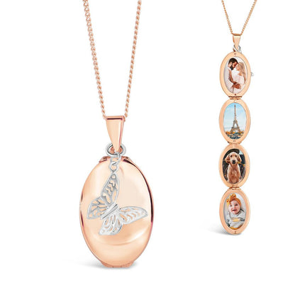 rose gold four photo oval butterfly locket on a white background
