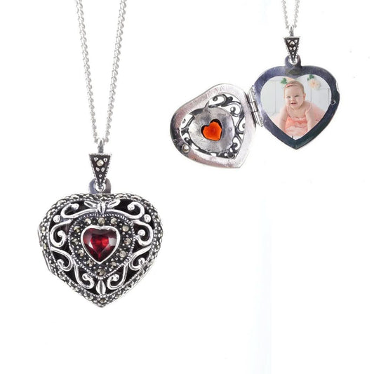 Lily Blanche white gold vintage heart locket with garnet gemstone