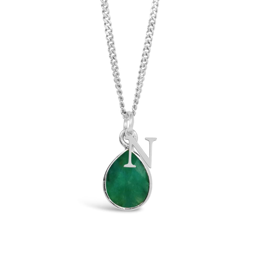 real tear drop emerald necklace on silver chain with initial charm