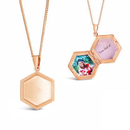 photo locket in rose gold with an inside and outside view of locket