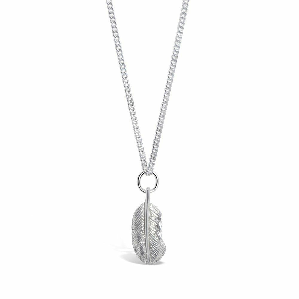 feather pendant in silver on a white background