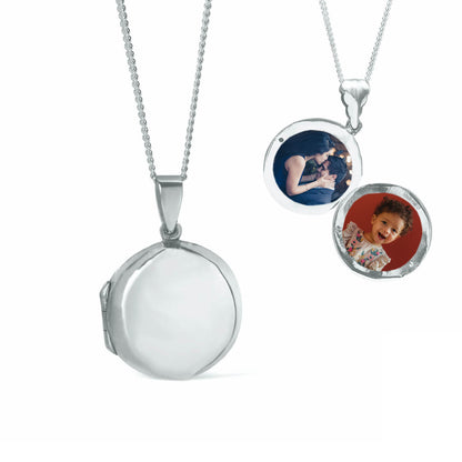 men's round locket necklace in white gold with photos inside