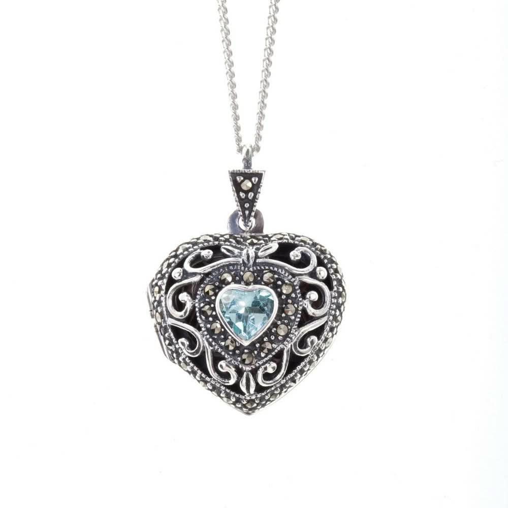 Lily Blanche silver vintage heart locket with topaz gemstone