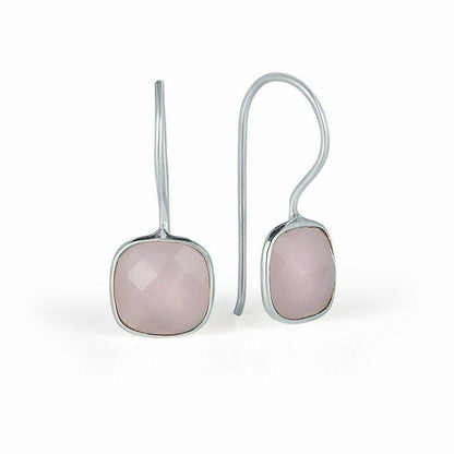 rose quartz earrings in silver on a white background