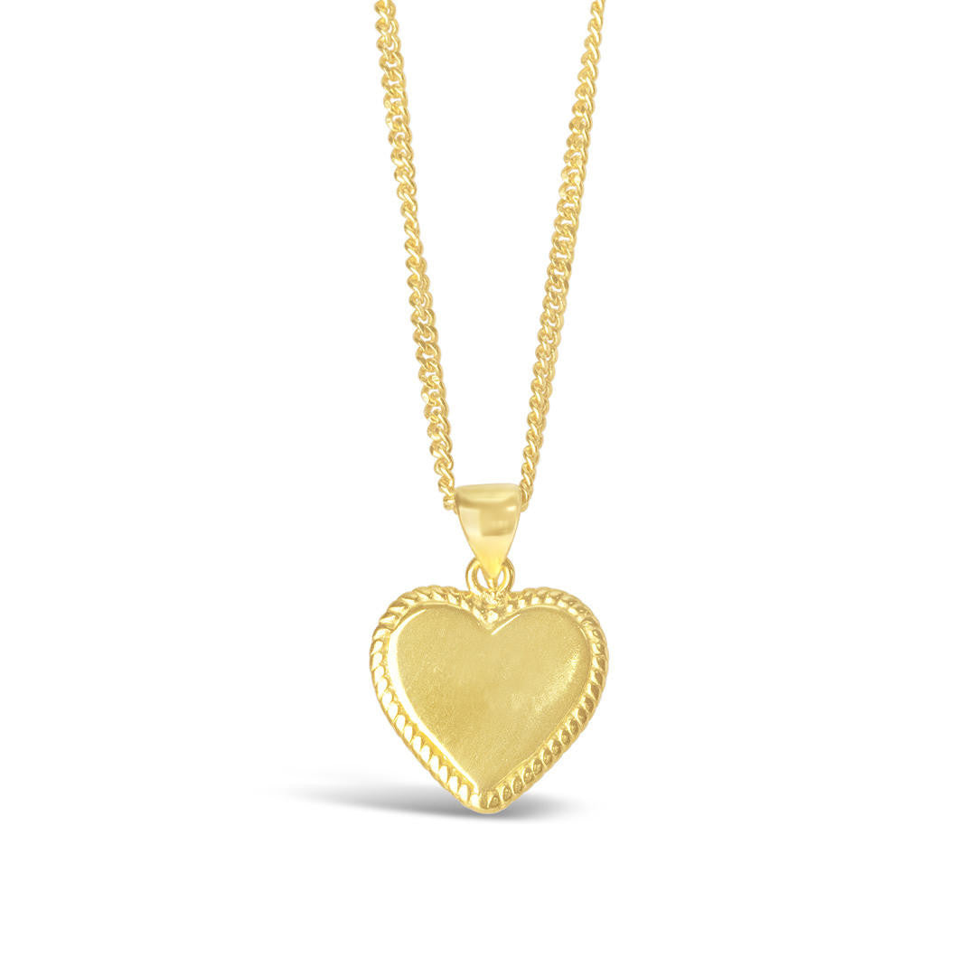 engravable heart necklace in gold on a white background