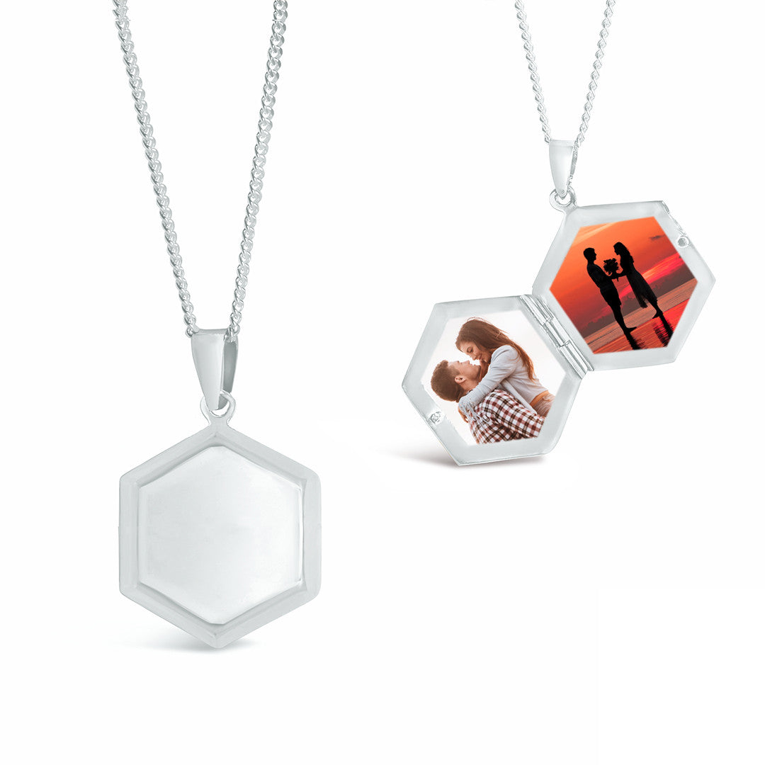 hexagon shaped locket in silver showing inside and outside view of locket