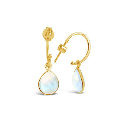 moonstone drop hoop earrings in  gold on a white background