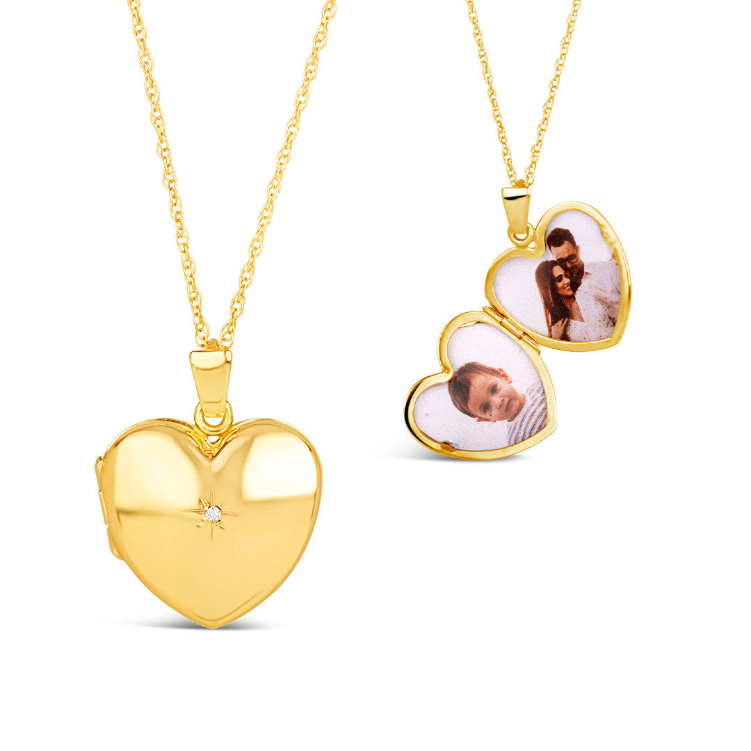diamond heart locket in gold with view of inside and outside of the locket