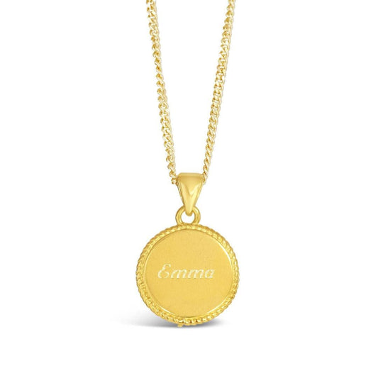 engravable disc necklace in gold on a white background