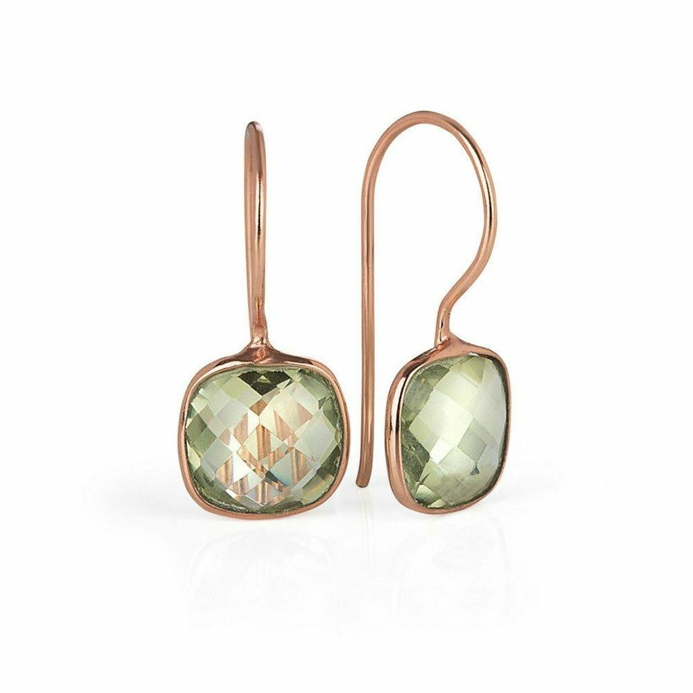 green amethyst earrings in rose gold on a white background