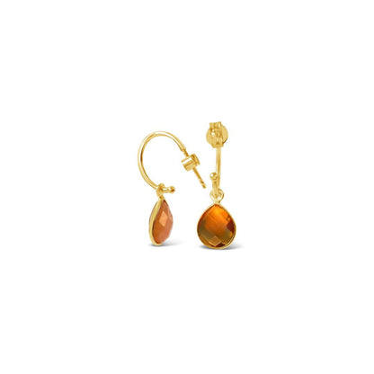 citrine drop hoop earrings in gold on a white background