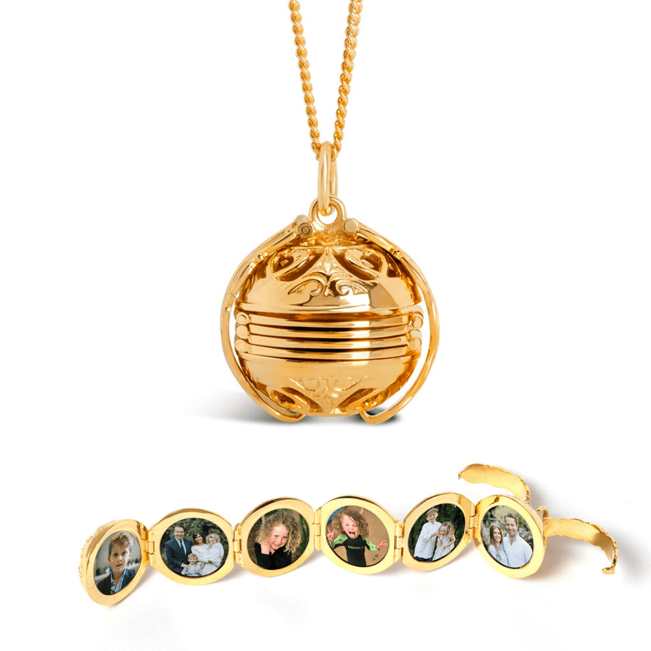 Lily Blanche gold memory keeper family locket necklace with 6 photos, shown open and closed