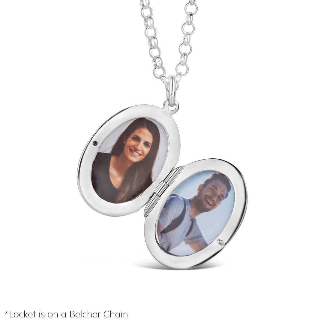 mum locket in silver with two photos inside on a white background