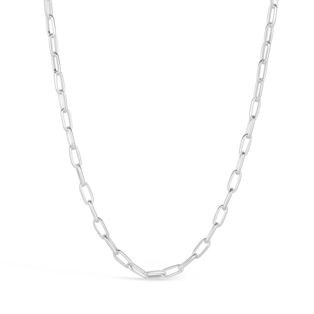 men's paperclip chain necklace in silver on a white background
