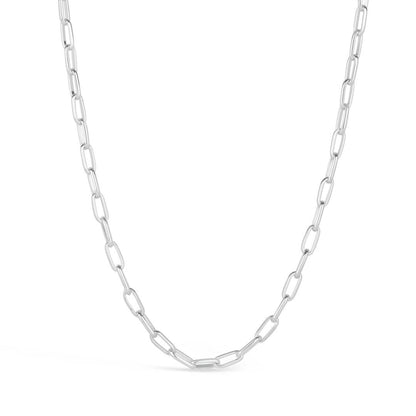 men's paperclip chain necklace in silver on a white background
