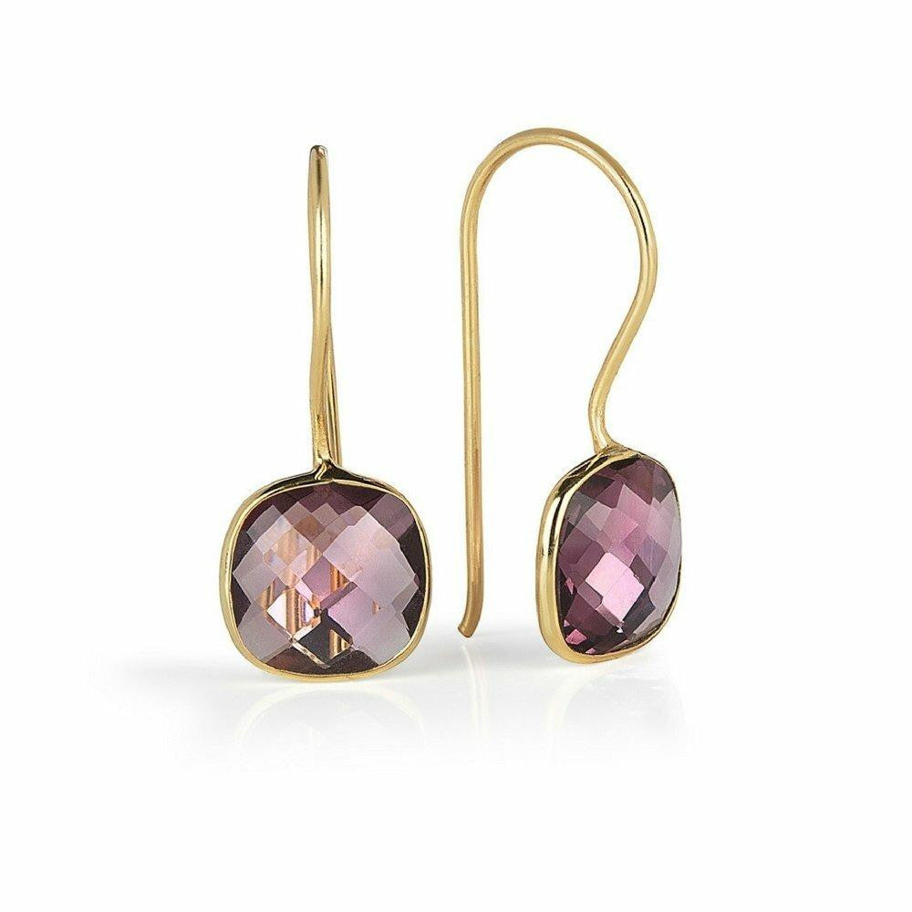 purple amethyst earrings in gold on a white background