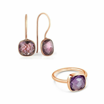 purple amethyst earrings in rose gold with matching earrings on a white background