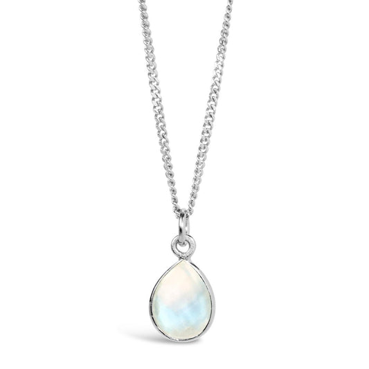 moonstone charm necklace in silver on a white background
