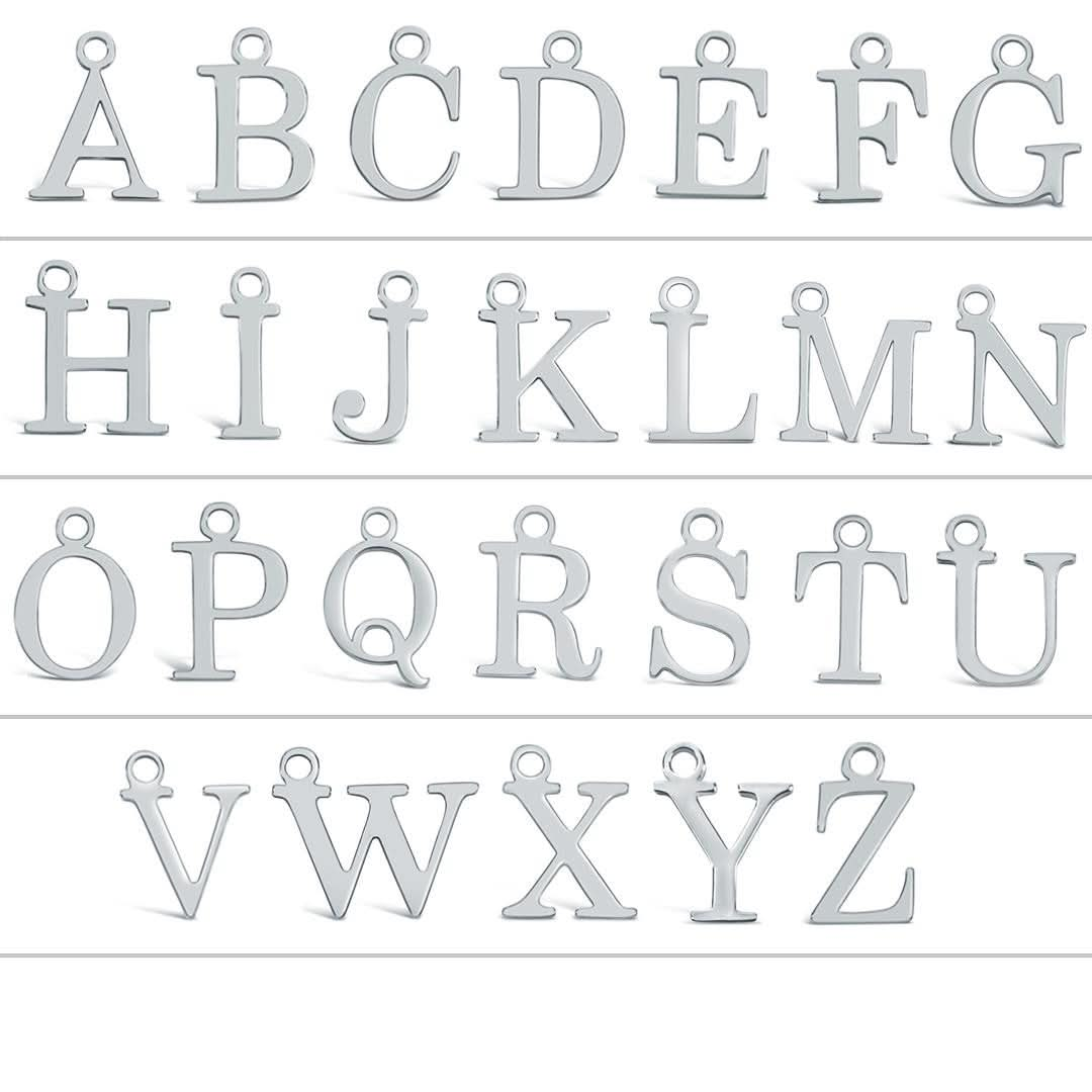 grid of silver initial charms on a white background