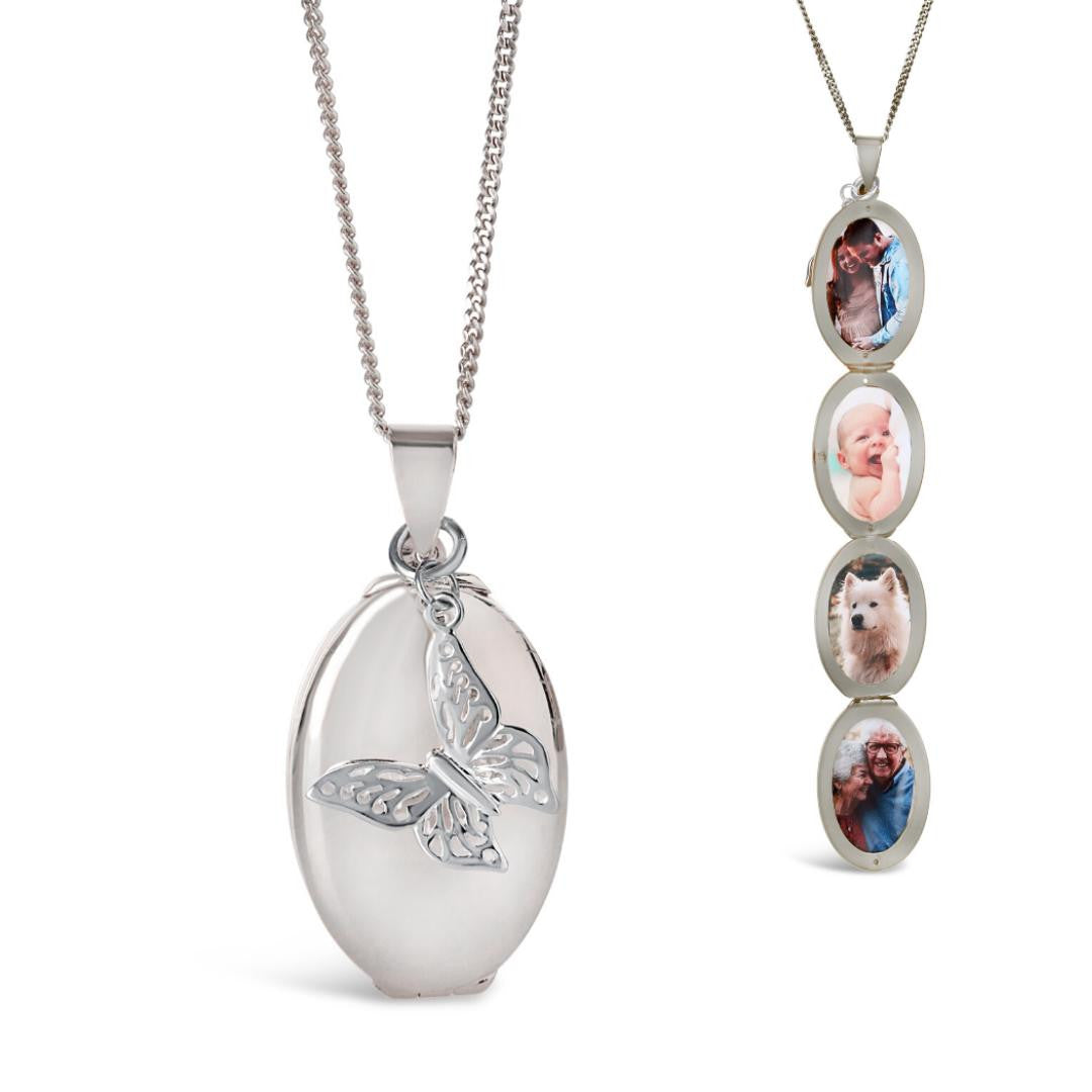 Lily Blanche white gold oval shaped locket with four photos and butterfly charm