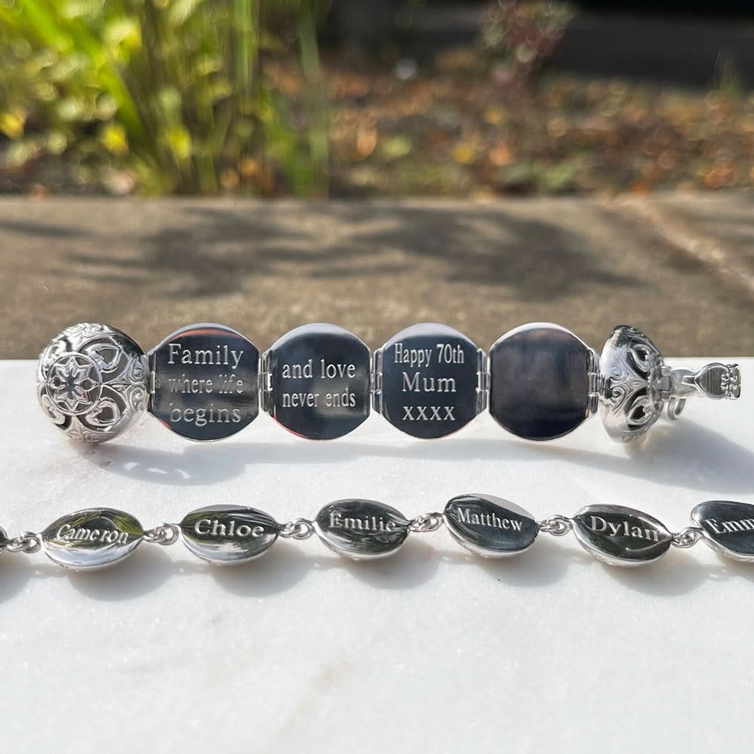 Lily Blanche silver memory keeper locket and bracelet with engraved message reading: Family, where life begins and love never ends.