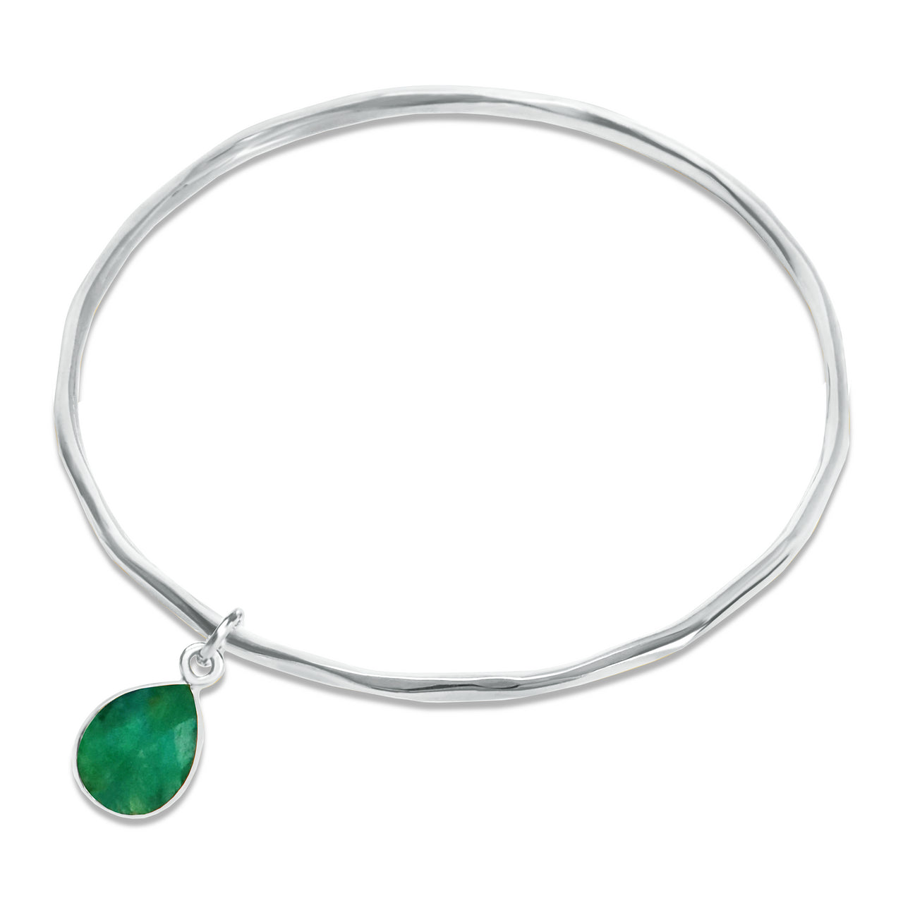 Thin silver bangle with tear drop emerald
