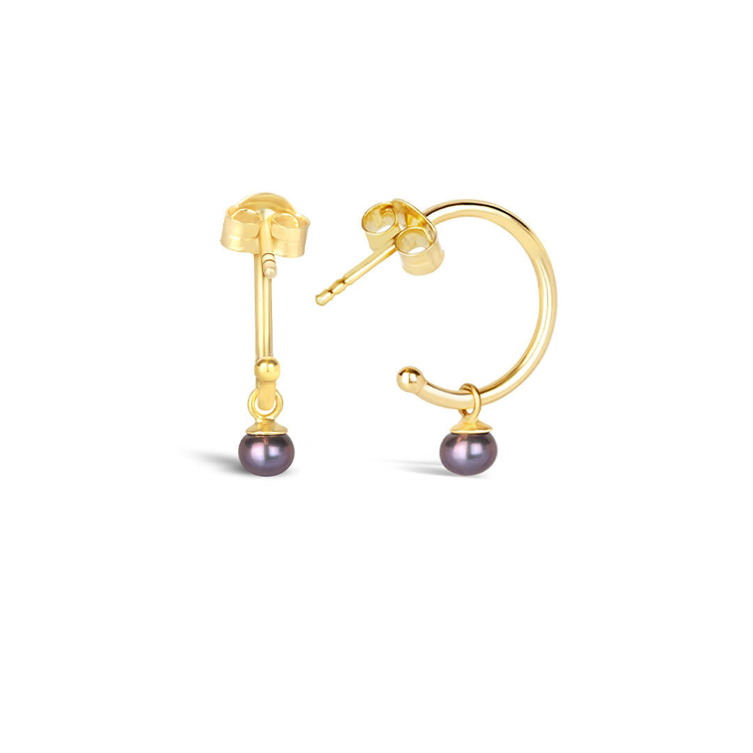 dainty pearl drop hoop earrings in midnight gold